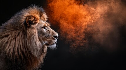 Fototapeta premium A lion silhouetted against a black backdrop, orange smoke emerging from its head