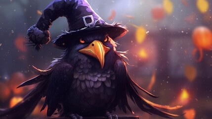 Fototapeta premium Spooky raven in a witch's hat