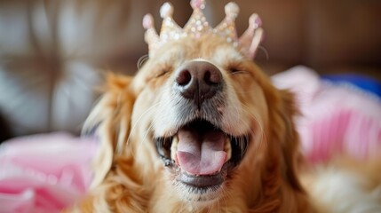  A tight shot of a dog wearing a tiaras on its head with an open mouth