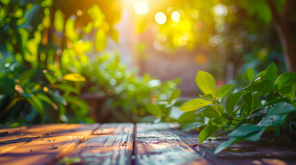 A wooden table with green plants and sunlight.