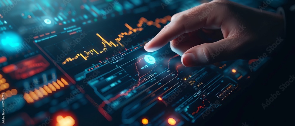Poster futuristic cryptocurrency exchange concept with close-up of hand interacting with digital interface 