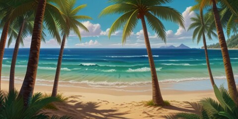 Panoramic view of tropical beach with palm trees in summer