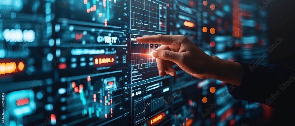 Poster futuristic cryptocurrency exchange concept with close-up of hand interacting with digital interface 