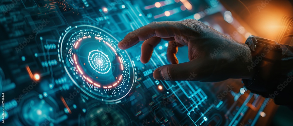Poster futuristic cryptocurrency exchange concept with close-up of hand interacting with digital interface 