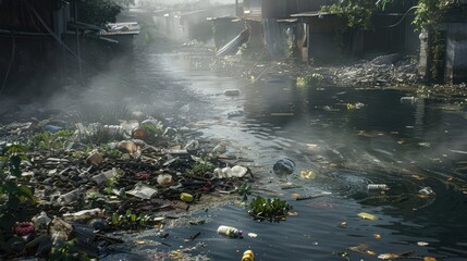 Obraz premium Polluted world. Garbage and waste. Animals suffer from pollution. Ecological disaster concept. AI-generated.