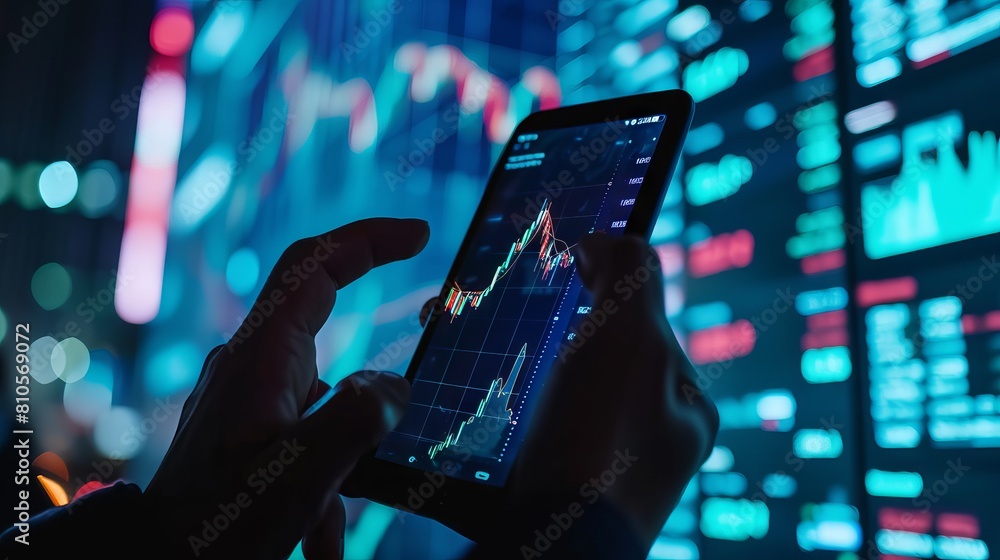 Poster enthusiastic trader engaged in cryptocurrency exchange on smartphone amidst digital charts and graph