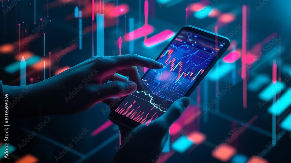 Poster enthusiastic trader engaged in cryptocurrency exchange on smartphone amidst digital charts and graph