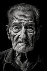Weathered face of an elderly man in black and white