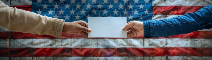A dynamic image of hands from diverse racial backgrounds dropping ballots, overlaid on an American flag, for the 2024 US Presidential Election - obrazy, fototapety, plakaty