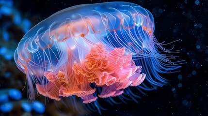   A tight shot of a jellyfish in the water, surrounded by blue and pink jellyfish entwined in its tentacles