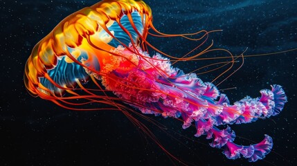 Fototapeta premium A tight shot of a jellyfish in the water teeming with several others grasped by its tentacles