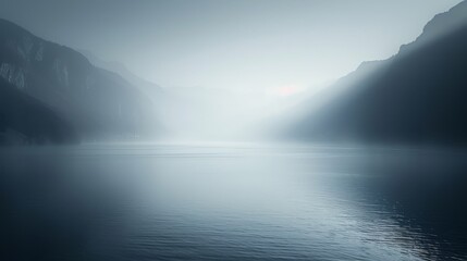   A body of water enclosed by mountains on a foggy morning, sun illuminating the misty sky - Powered by Adobe