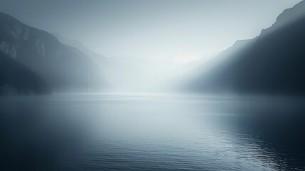Fototapeta premium A body of water enclosed by mountains on a foggy morning, sun illuminating the misty sky