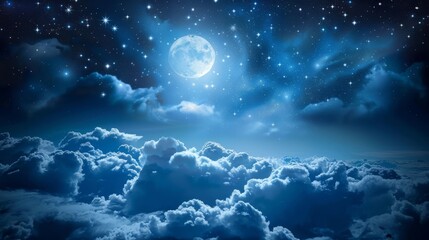   The night sky is filled with stars; the moon floats above the clouds, while stars remain situated above them