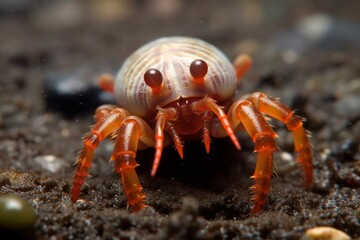 Vibrant orange crab with large claws on rocky surface