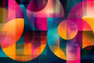 Abstract geometric shapes in vibrant hues, forming a dynamic texture background.