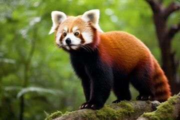 Curious red panda in lush green forest