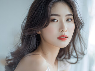 Fototapeta premium a asian woman with long hair and a white dress suitable for beauty and skin care concept