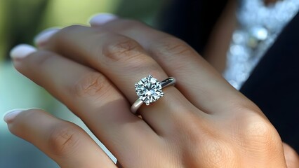 Close-up of a woman's hand with a diamond engagement ring, symbolizing recent betrothal. Concept Engagement Ring, Close-up Photography, Betrothal Symbolism