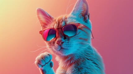 Cute cat wearing sunglasses. Isolated on a pink background.