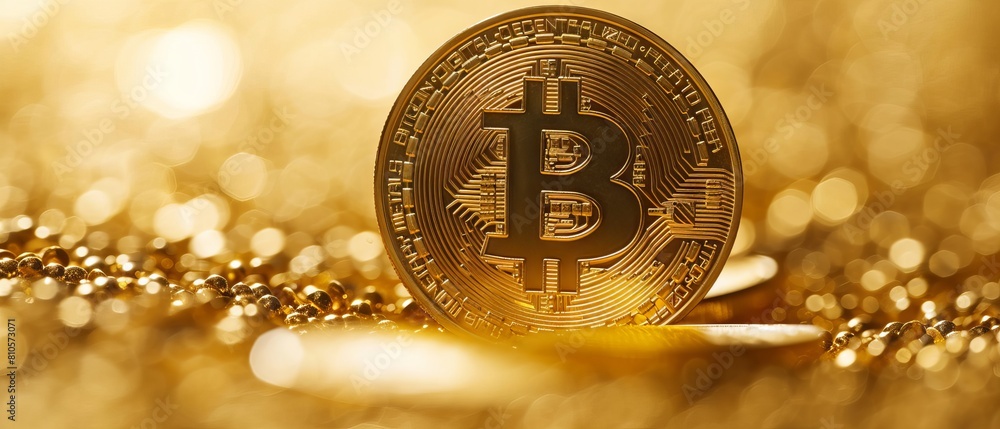 Poster shimmering golden bitcoin coin symbolizing cryptocurrency investment and blockchain technology