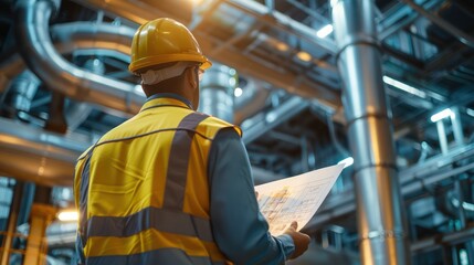 Fototapeta premium close-up of industrial pipes of oil refinery, back of engineer, technician, reading drawing, drawing, industrial engineering, blueprint, industrial background.