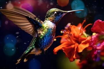 Obraz premium Colorful hummingbird hovering near vibrant flower
