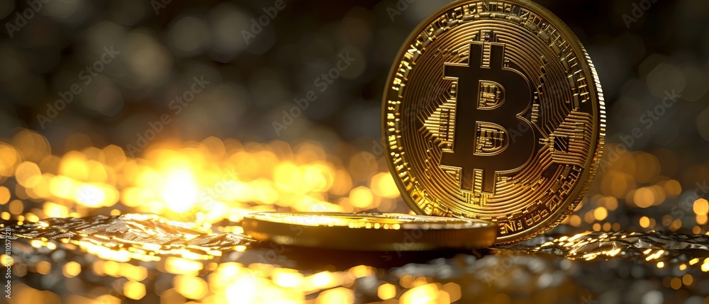 Poster shimmering golden bitcoin coin symbolizing cryptocurrency investment and blockchain technology