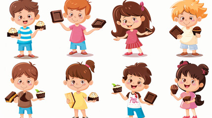 Set of cute little children with chocolate on white background