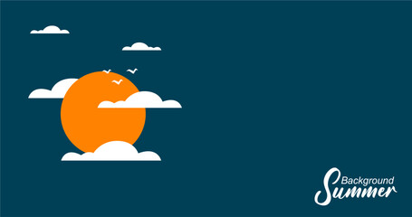 Sun and clouds on blue background. Vector illustration. Flat design.