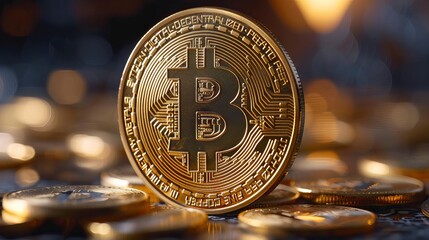 Shimmering golden bitcoin coin symbolizing cryptocurrency investment and blockchain technology