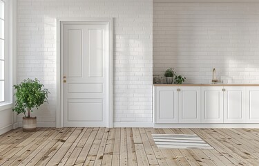 3D rendering of a white kitchen with a wooden floor and wall made from white brick. The kitchen has white cabinets and a countertop, with a small plant on the side