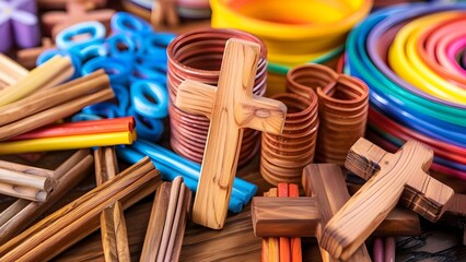 Christianthemed craft supplies for Vacation Bible School featuring wooden crosses and Christian content. Concept Religious Crafts, Vacation Bible School, Wooden Crosses, Christian Supplies