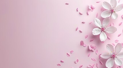   A pink background with white flowers and petals at the image's bottom