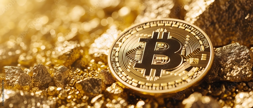 Poster shimmering golden bitcoin coin symbolizing cryptocurrency investment and blockchain technology