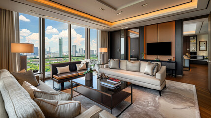 Fototapeta premium Spacious and stylish living room featuring floor-to-ceiling windows with a panoramic city view, elegant furnishings, and warm lighting. Luxurious Urban Living Room with Cityscape View