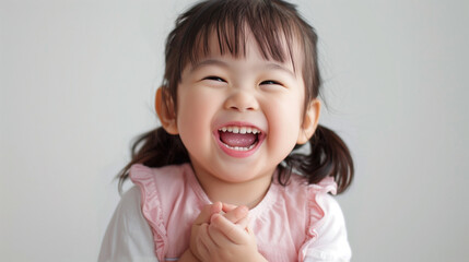 An Asian little girl with a beaming smile radiates happiness and joy against a white solid background. The portrayal is hyper-realistic, capturing the genuine emotion and innocence of childhood.
