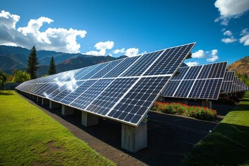 Solar panels array set against a mountainous backdrop, harnessing clean energy from the sun under a bright blue sky.