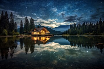 Fototapeta premium Serene mountain lake cabin at night with starry sky reflection