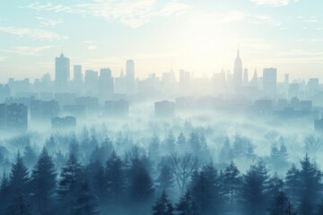A wintry cityscape depicts a smog-covered skyline, highlighting the issue of air pollution over an urban environment.