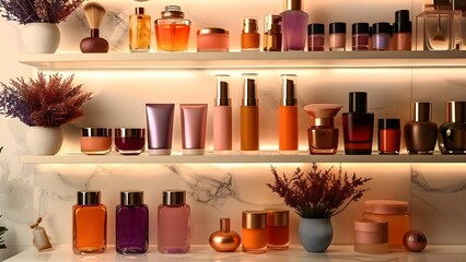Vibrant cosmetics displayed on a white marble shelf in a spa. Concept Spa Photoshoot, Vibrant Cosmetics, White Marble Shelf, Wellness Setting, Beauty Products