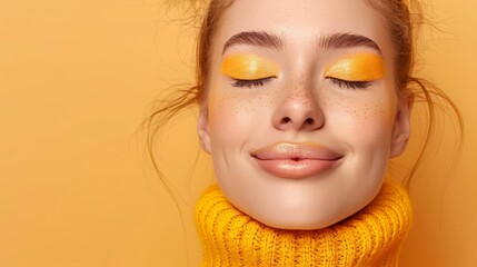   A woman's face with yellow eyeshadow against a yellow background She wears a yellow turtleneck sweater