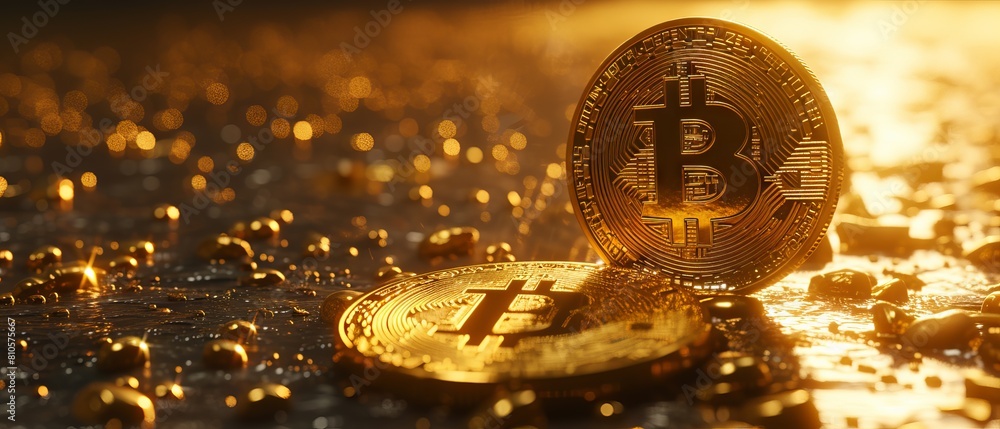 Poster shimmering golden bitcoin coin symbolizing cryptocurrency investment and blockchain technology