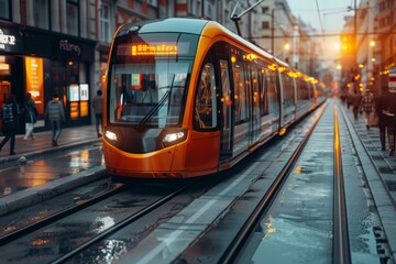 A modern orange tram moves along a city street at dusk, reflecting the lights and wet pavement.