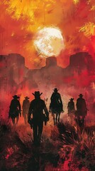 Fototapeta premium The image shows a group of cowboys walking towards the sunset