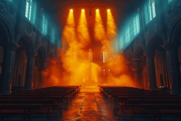 Majestic church interior bathed in orange light, with rays streaming through windows, casting a dramatic and ethereal glow over the empty pews and central aisle.