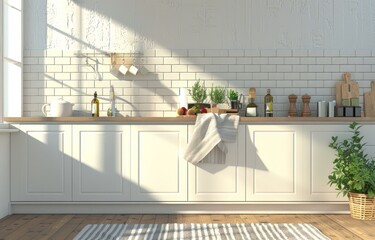 3D rendering of a white kitchen with cabinets and a wooden floor, the wall is covered in small white bricks