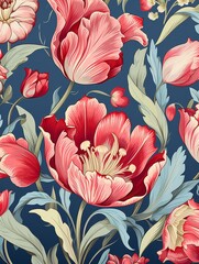 The image shows a pattern of red and pink tulips with blue leaves on a dark blue background