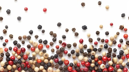   A variety of foods on a white background, featuring red, black, and brown objects in the center