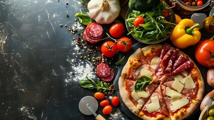 Creative horizontal banner image featuring Italian pizza ingredients fresh salad and salami. Concept Food Photography, Italian Cuisine, Pizza Ingredients, Fresh Salad, Salami Slices